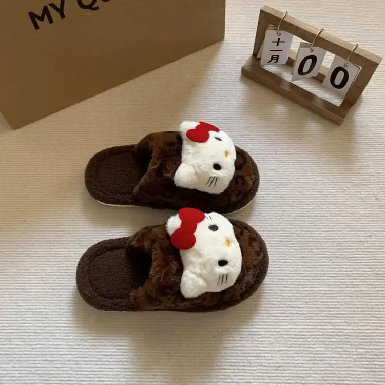 Women Cute Cartoon Cat Leopard Print Plush Slippers Warm Fuzzy Non-Slip Soft Sole Winter Indoor Bedroom Cozy House Home Shoes