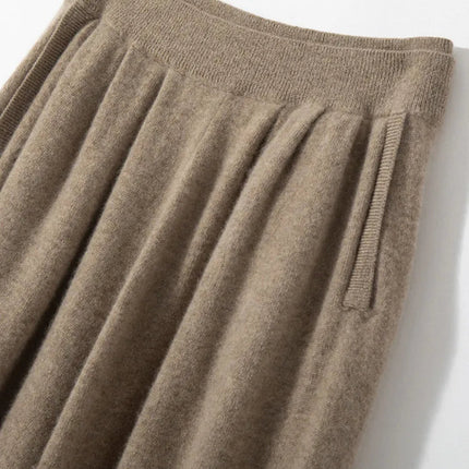 Classic Autumn Winter Wave Skirt 100% Cashmere Skirt Women A-Line Skirt Female Double Elastic Waist Pocket Warm Knit Long Dress PlatiNum