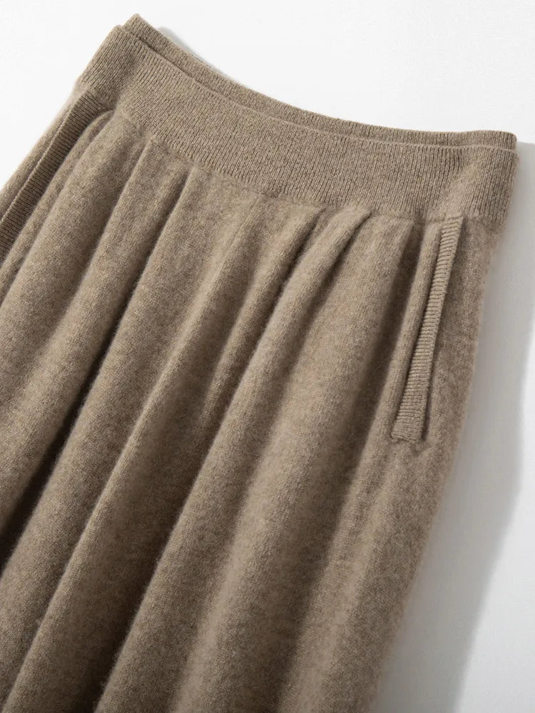 Classic Autumn Winter Wave Skirt 100% Cashmere Skirt Women A-Line Skirt Female Double Elastic Waist Pocket Warm Knit Long Dress PlatiNum