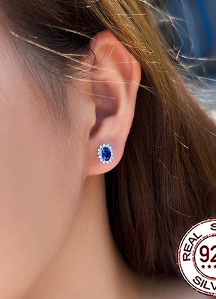 CWWZircons 925 Sterling Silver Vintage Blue CZ Zircon Big Flower Shape Stud Earrings for Women Wedding Party Jewelry Gifts SE109 PlatiNum
