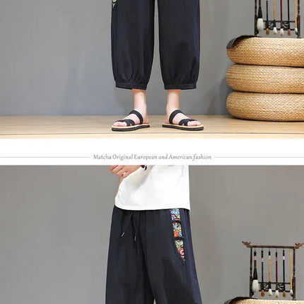 Pantaloncini estivi da uomo Pantaloni casual traspiranti in cotone Pantaloni larghi tradizionali retrò streetwear al polpaccio Pantaloncini comodi da uomo