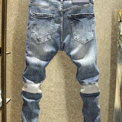 2025 Spring Autumn Korean Luxury Clothing New Cargo Brand Tooling Jeans Men's Slim High Street Men's Splicing Patch Trousers PlatiNum