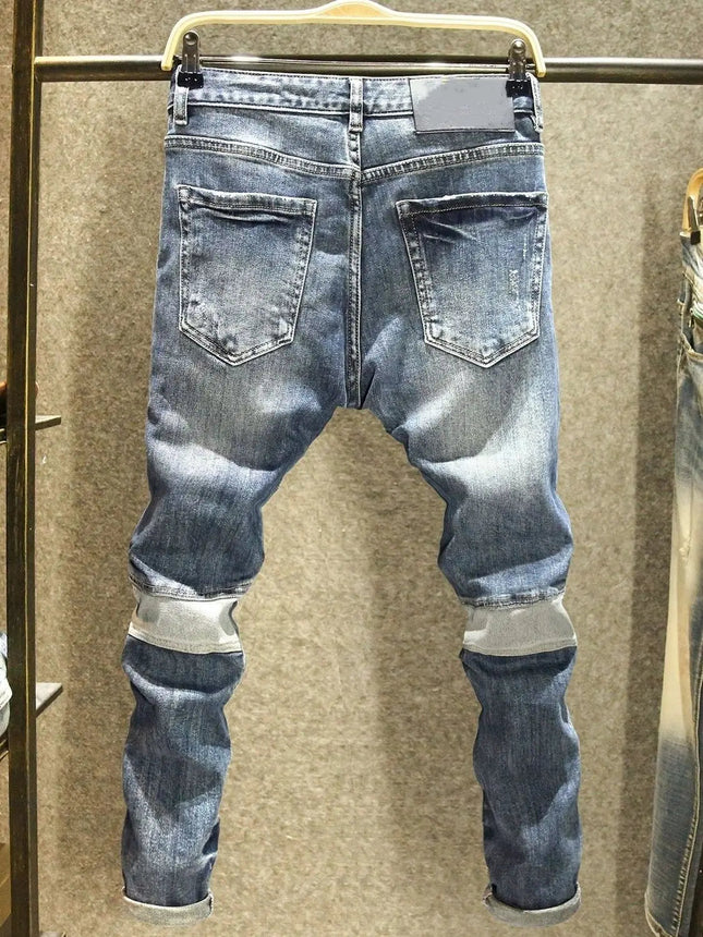 2025 Spring Autumn Korean Luxury Clothing New Cargo Brand Tooling Jeans Men's Slim High Street Men's Splicing Patch Trousers PlatiNum