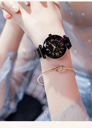 Orologi da donna con cielo stellato alla moda, fibbia magnetica, cintura in rete, orologio al quarzo con diamanti, orologio da donna platinumshop