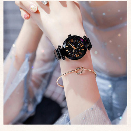 Orologi da donna con cielo stellato alla moda, fibbia magnetica, cintura in rete, orologio al quarzo con diamanti, orologio da donna platinumshop