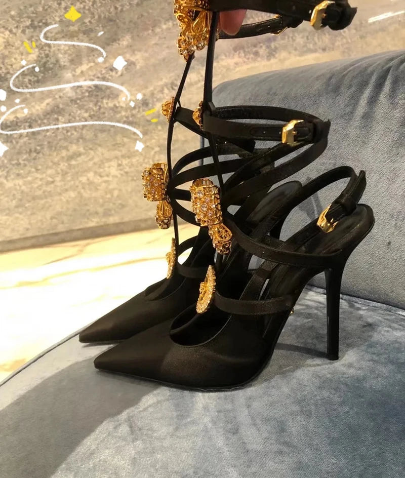 Sex Pointed Toe Bow-knot Female Pumps Crystal Fine Heels Women Sandals Buckle Strap Stiletto Lady Dress Shoes Zapatos Mujer