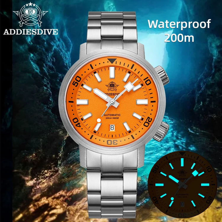 ADDIESDIVE 200M Automatic Dive Watch Men Japanese 8215 Sapphire Stainless Steel Luminous Mechanical Diving Wristwatch BGW9 Hands