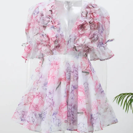 Elegant Mini Dress with Ruffles and Floral Patterns, Chic with Long Sleeves, Deep V-Neck, Slim Fit, A-Line, Short, 2026 Collection, Holiday and Street Dress for Women