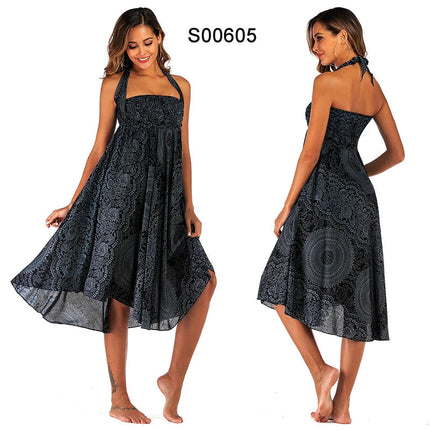 Boho Gonne Donna Rayon Beach Abito lungo Estate Bohemian Jupe Longue Femme Elastico in vita Stampa Fasciatura floreale Halter Hippie platinumshop