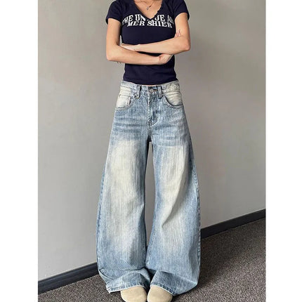Jeans Vintage da Donna, Stile Americano Retrò, Gamba Larga Y2k, Vita Alta, Blu Chiaro, Pantaloni da Cowboy