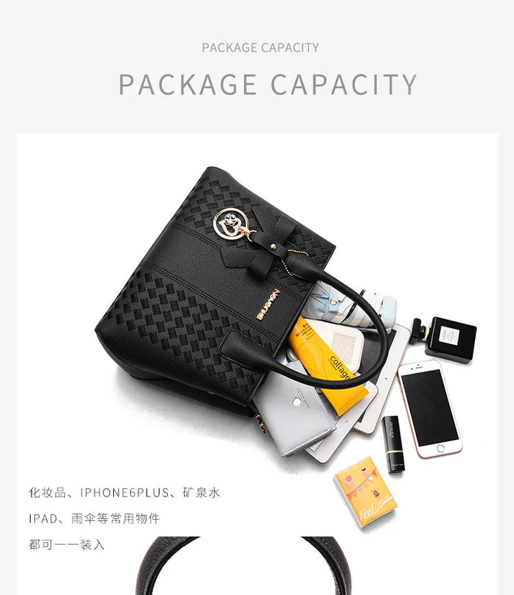 Bow Metal Pendant Top Handle Satchel Crossbody Bag, PU Leather Textured Bag Purse, Classic Versatile Fashion Shoulder Bag PlatiNum