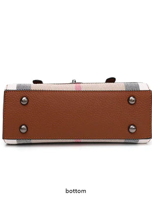 Borsa Mini Boston a Righe e Quadri in Tessuto con Finiture in Ecopelle, Chiusura a Giro e Torsione, Design con Patta, Borsa a Mano da Donna, a Tracolla, Portamonete