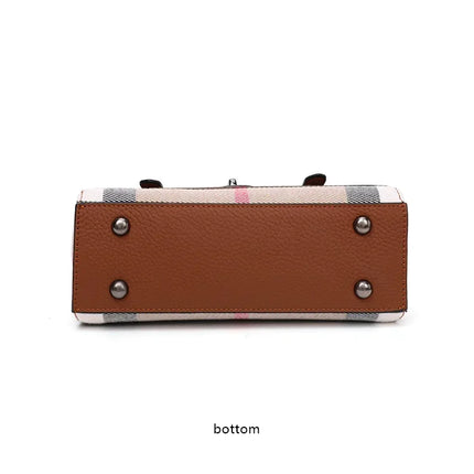 Borsa Mini Boston a Righe e Quadri in Tessuto con Finiture in Ecopelle, Chiusura a Giro e Torsione, Design con Patta, Borsa a Mano da Donna, a Tracolla, Portamonete