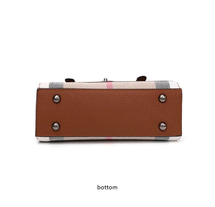 Borsa Mini Boston a Righe e Quadri in Tessuto con Finiture in Ecopelle, Chiusura a Giro e Torsione, Design con Patta, Borsa a Mano da Donna, a Tracolla, Portamonete