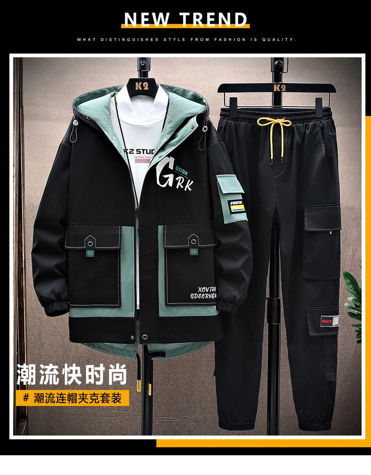 Spring Casual Men Sets Two Pieces Fashion Korean Trend Hooded Jacket + Pants Autumn Baseball Uniform Suit Man Outfit