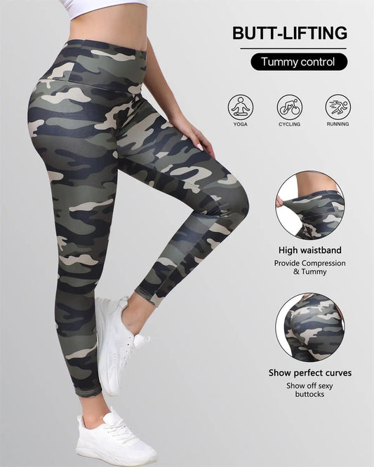 Women's high-waisted camouflage printed leggings, autumn and winter fleece elastic belt tight yoga trousers