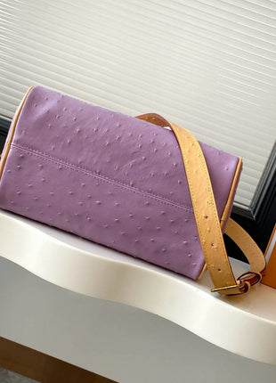Mini Borsa Boston in Pelle Goffrata Effetto Struzzo Color Lavanda, Borsa di Lusso Multiuso