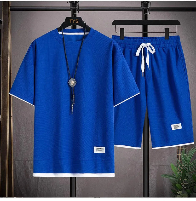 2026 nuovi set di waffle da uomo estivi T-shirt e pantaloncini casual Set tuta sportiva maschile tuta tinta unita abiti larghi platinumshop