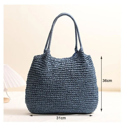 Fashionable Straw Tote Bag Large Capacity Woven Beach Bag Solid Color Casual Square Beach Bag
