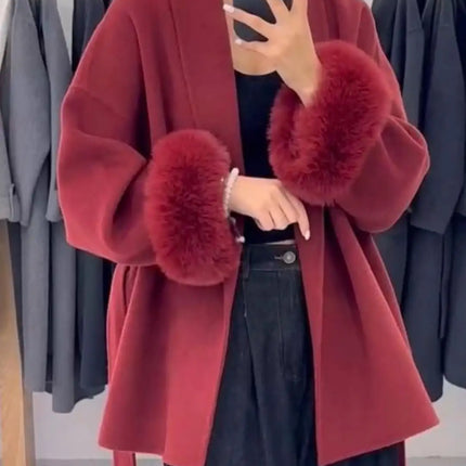 Retro Black Fur Patchwork Woolen Coat Women Chic Full Sleeve V-neck Lace Up Loose Long Overcoat 2025 Lady Winter Commute Outwear
