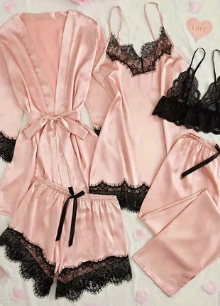 Pigiama da notte in raso da donna Set pigiama rosa Lingerie sexy Accappatoio Patchwork di pizzo Abito da notte in seta Pantaloni Indumenti da notte vestiti per la casa