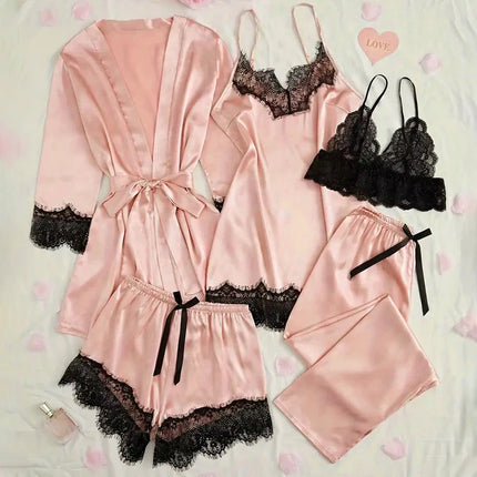 Pigiama da notte in raso da donna Set pigiama rosa Lingerie sexy Accappatoio Patchwork di pizzo Abito da notte in seta Pantaloni Indumenti da notte vestiti per la casa