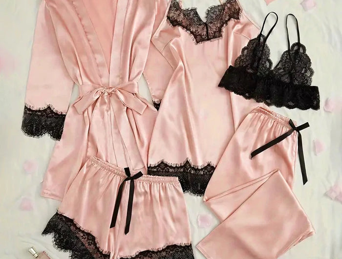 Pigiama da notte in raso da donna Set pigiama rosa Lingerie sexy Accappatoio Patchwork di pizzo Abito da notte in seta Pantaloni Indumenti da notte vestiti per la casa