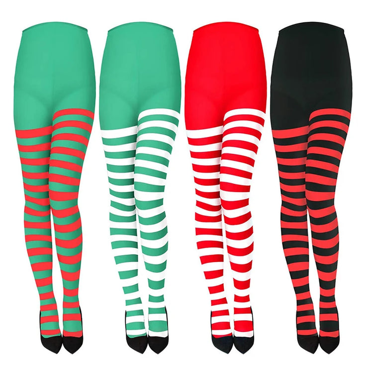 maveraCCüm | Calze natalizie Collant a righe rosso verde Leggings elasticizzati Costume da festa Y2K Calzini lunghi al ginocchio lavorati a maglia
