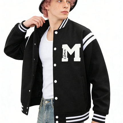 Men's Casual Letterman Jacket Varsity Baseball Coat Vintage Racing Style Streetwear Outerwear with Fine M Letter Embroidery