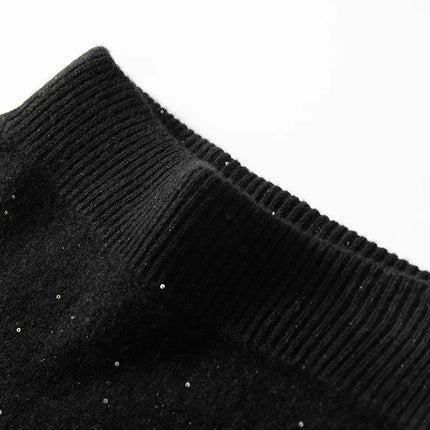 Chic Women Sweater Suite Skirt 100% Cashmere A-Line Skirt Autumn Winter Wave Skirt Elastic Knee Length Dress Sequins French Knit PlatiNum