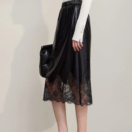 AMII Women's Skirt 2025 Autumn New Minimalist Versatile Clothing Ladies Leather Splicing Lace Solid A-line Midi Skirt 12543095 PlatiNum