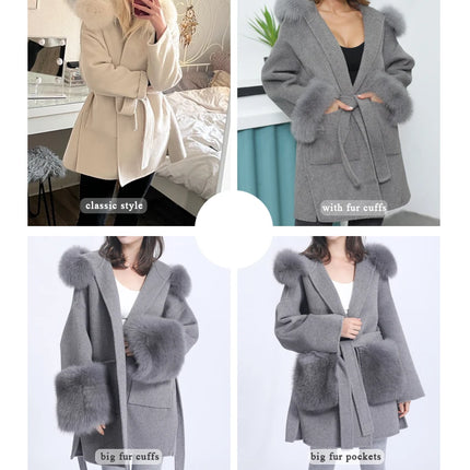 MISSJANEFUR Wool Coat with Real Fox Fur Collar Cuff Women Fashion Belted Cashmere Coats Warm Winter Hooded Trench Peacoat