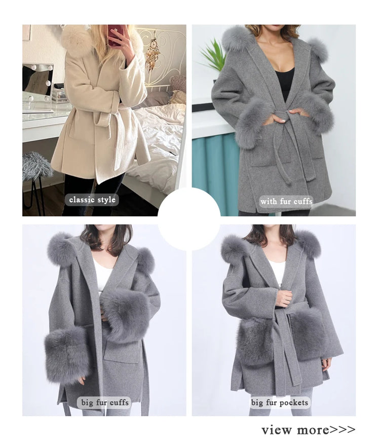 MISSJANEFUR Wool Coat with Real Fox Fur Collar Cuff Women Fashion Belted Cashmere Coats Warm Winter Hooded Trench Peacoat
