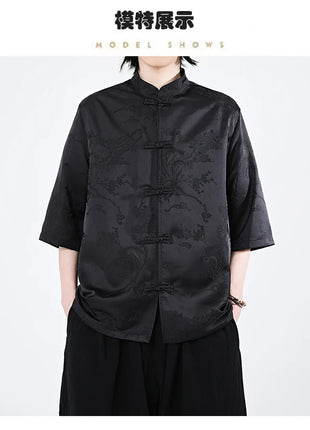 Camicie cinesi Camicia retrò in seta di ghiaccio con motivo floreale scuro Tradizionale Kung Fu Tai Chi Casual Loose Fit Top da uomo traspirante estivo
