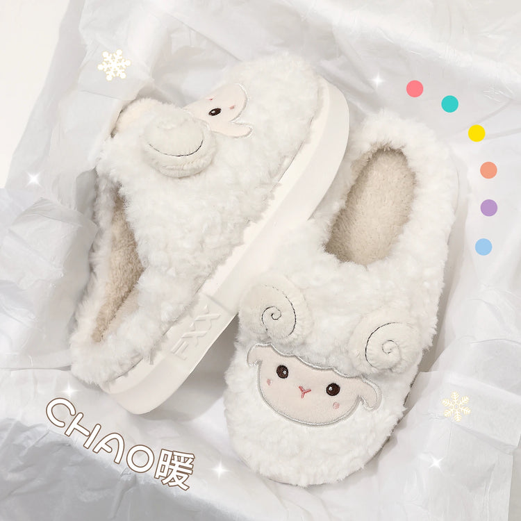 Cute Little Sheep Plush Slippers Women Winter Warm Thick Soft Sole House Shoes Indoor Fuzzy Non-Slip Comfortable Home Slides