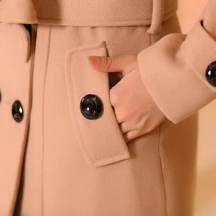 Mid Length Wool Coats Women Fur Collar Splice Blends Korean Full Sleeve Double Breasted Lace Up Belt Thick Warm Winter Jackets