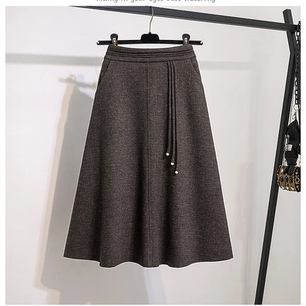 Thicken Woolen Skirt For Women Autumn Winter High Waist Loose A-Line Skirts Elegant Office Lady Mid-length Skirt PlatiNum