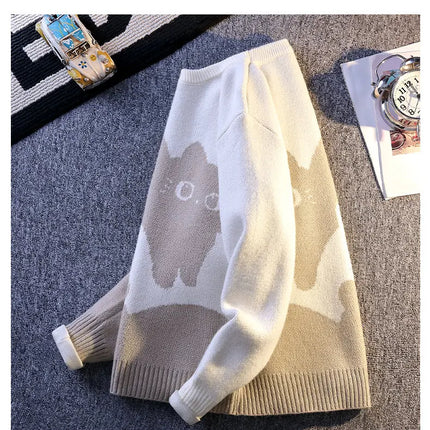 Cartoon Cat's New Knitted Sweater 2025 Men's Autumn/Winter Warm Knitted Sweater Men's Pullover Home Clothes