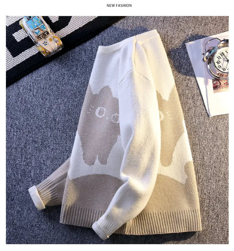 Cartoon Cat's New Knitted Sweater 2025 Men's Autumn/Winter Warm Knitted Sweater Men's Pullover Home Clothes