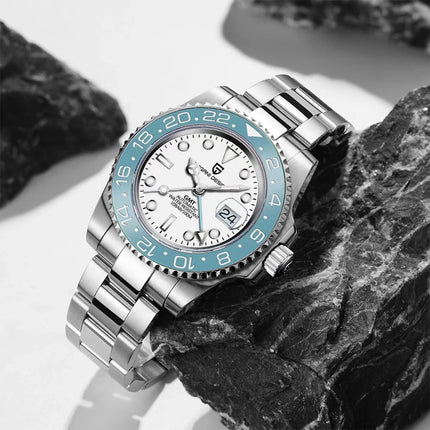 TOP PAGANI DESIGN PD1662 GMT Orologio meccanico automatico da uomo Cinturino in acciaio inossidabile Anello in ceramica blu Quadrante bianco Resistente all'acqua fino a 100 m Orologi da polso sportivi da uomo luminosi per uom