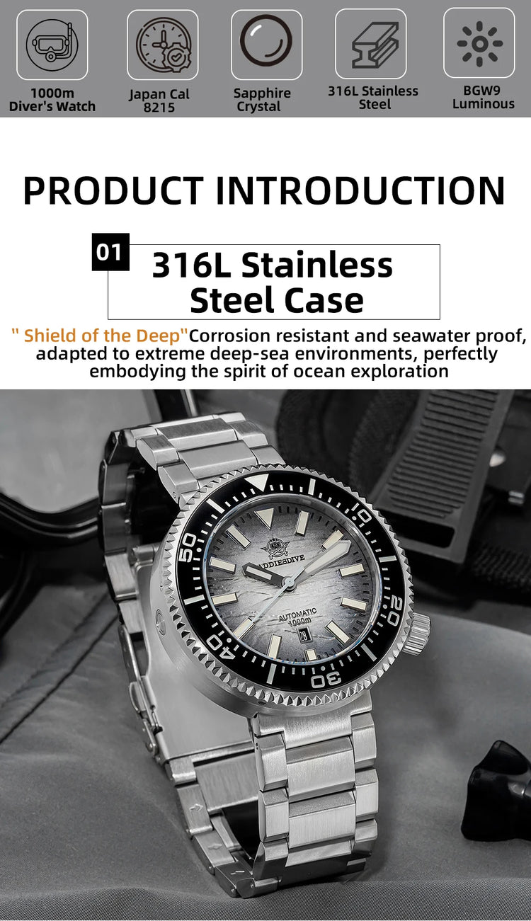 ADDIESDIVE New Men's Automatic Dive Watch Sapphire Crystal 3D Dial Ultra Bright Lume 1000m Water Resistance Men's Business Watch