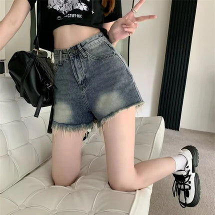Women's retro vintage high waisted denim shorts thin casual summer with fringed edges slim and spicy A-line wide leg hot pants PlatiNum