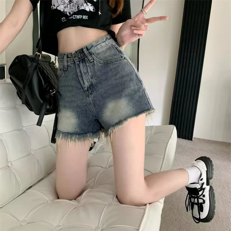 Women's retro vintage high waisted denim shorts thin casual summer with fringed edges slim and spicy A-line wide leg hot pants PlatiNum