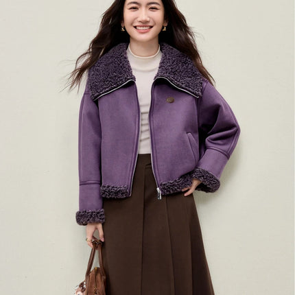 SENTUBILA Women's Faux Suede Coat Plush Lapel Zipper Faux Leather Cropped Jacket 2026 Winter Retro Ladies Outerwear W54PD5913