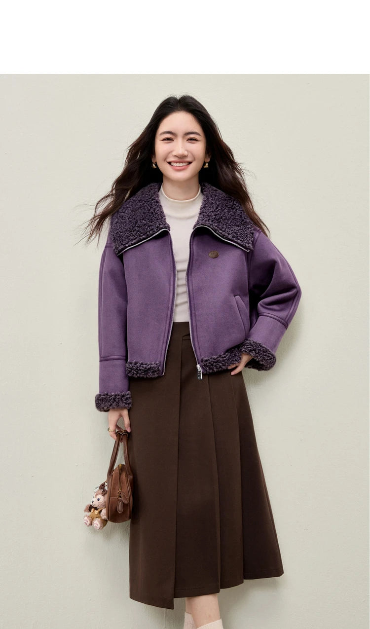 SENTUBILA Women's Faux Suede Coat Plush Lapel Zipper Faux Leather Cropped Jacket 2026 Winter Retro Ladies Outerwear W54PD5913