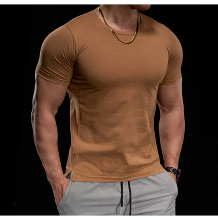 Men's gym fitness workout clothing slim fit short sleeve breathable high elasticity sports T-shirt, running sports