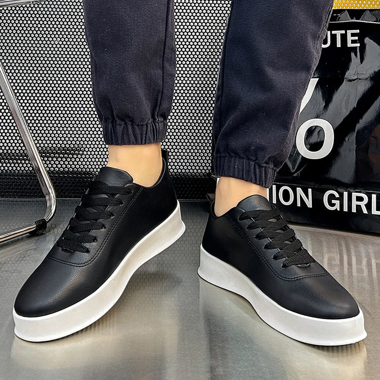 Fashion Thick Sole Black White Soft Men Leather Shoes Platform Men Casual Board Shoes Walking Sport Shoes Lightweight Work Shoes