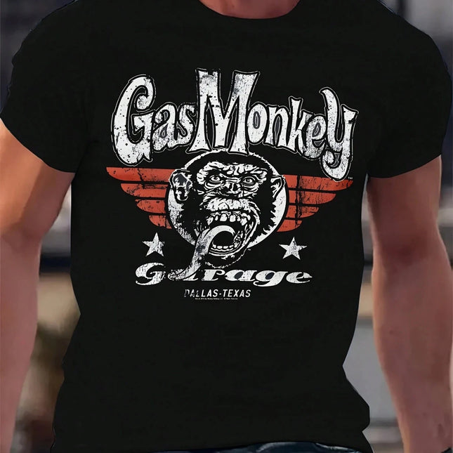 T-shirt da uomo vintage effetto invecchiato Gas Monkey Garage con stampa gorilla ruggente Dallas Texas, per moto, hot rod, auto d'epoca, casual