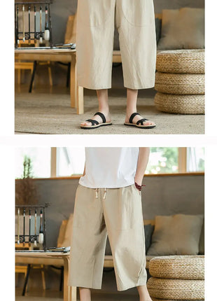 Pantaloni di lino da uomo in stile cinese Pantaloni a gamba larga da uomo con cavallo basso Pantaloni da uomo HipHop Pantaloni al polpaccio Pantaloni da pista Streetwear