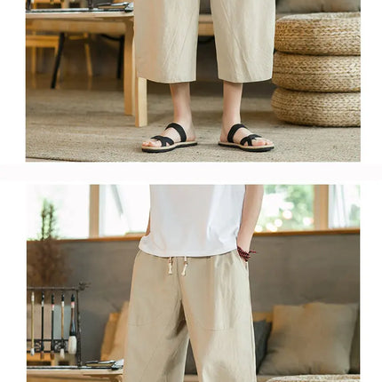 Pantaloni di lino da uomo in stile cinese Pantaloni a gamba larga da uomo con cavallo basso Pantaloni da uomo HipHop Pantaloni al polpaccio Pantaloni da pista Streetwear